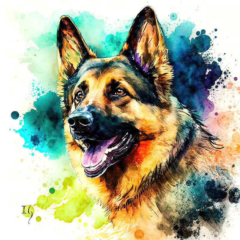 Set against a kaleidoscope of cascading watercolors, a German Shepherd exudes vitality and charisma. Its attentive gaze, complemented by a playful tongue and radiant fur, captures the essence of canine loyalty and joy. Splashes of color evoke a sense of movement and spontaneity, echoing the dog's dynamic nature.