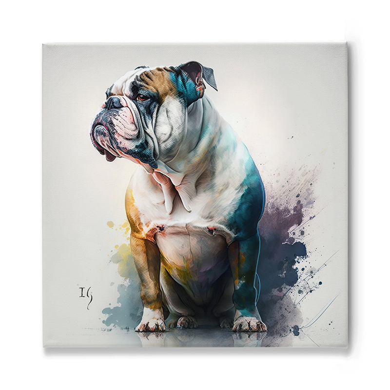 Mesmerizing digital artwork of a powerful English Bulldog, its muscular frame and detailed facial features painted in an array of dreamlike colors, with splashes of paint creating a dynamic backdrop.