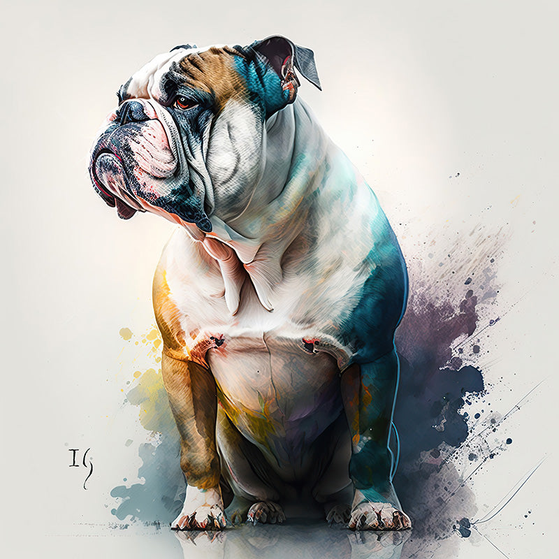 Detailed digital illustration showcasing the magnificence of an English Bulldog, its prominent jowls and intense eyes accentuated by a symphony of colors and abstract brushwork.