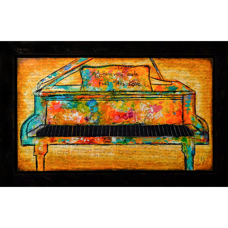 Abstract piano artwork with colorful expressionist style and love message, perfect for musical themed home decor and gift for pianists.