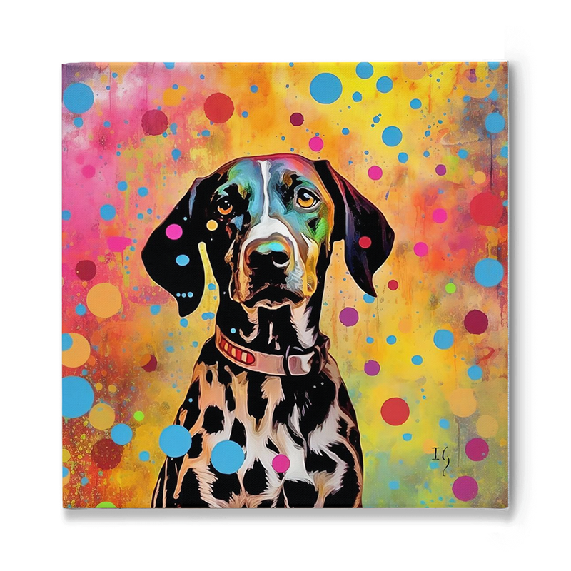 A lively and spirited portrait of a Dalmatian, its face and coat adorned with colorful hues of blue, pink, and yellow. The dog, wearing a red collar, gazes attentively against a vivid backdrop sprinkled with multicolored dots and splatters.