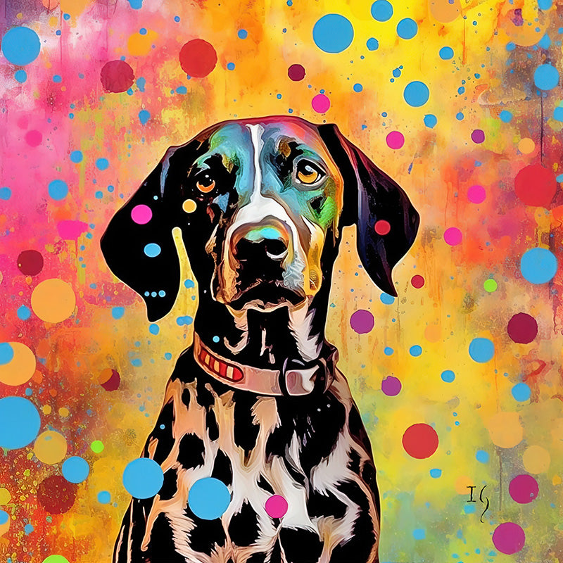 A dazzling depiction of a Dalmatian, its face painted with bright accents and expressive eyes. The dog stands out against a radiant background filled with an explosion of colorful dots, mirroring its iconic spotted coat.