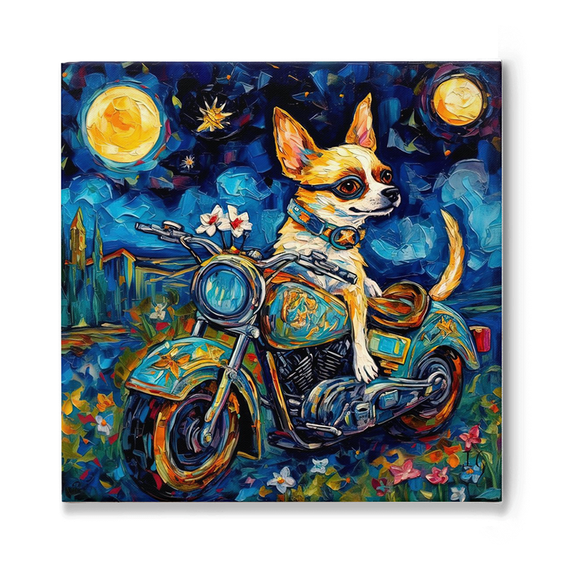 Beneath a cosmic sky illuminated by radiant moons and shimmering stars, a determined Chihuahua perches atop a meticulously detailed motorcycle, ready for a night ride. The bike gleams with intricate patterns and colors that reflect the night's magic, while flowers bloom around them, adding to the enchantment. In the distance, silhouettes of mysterious buildings and cacti paint a mystic desert scene.