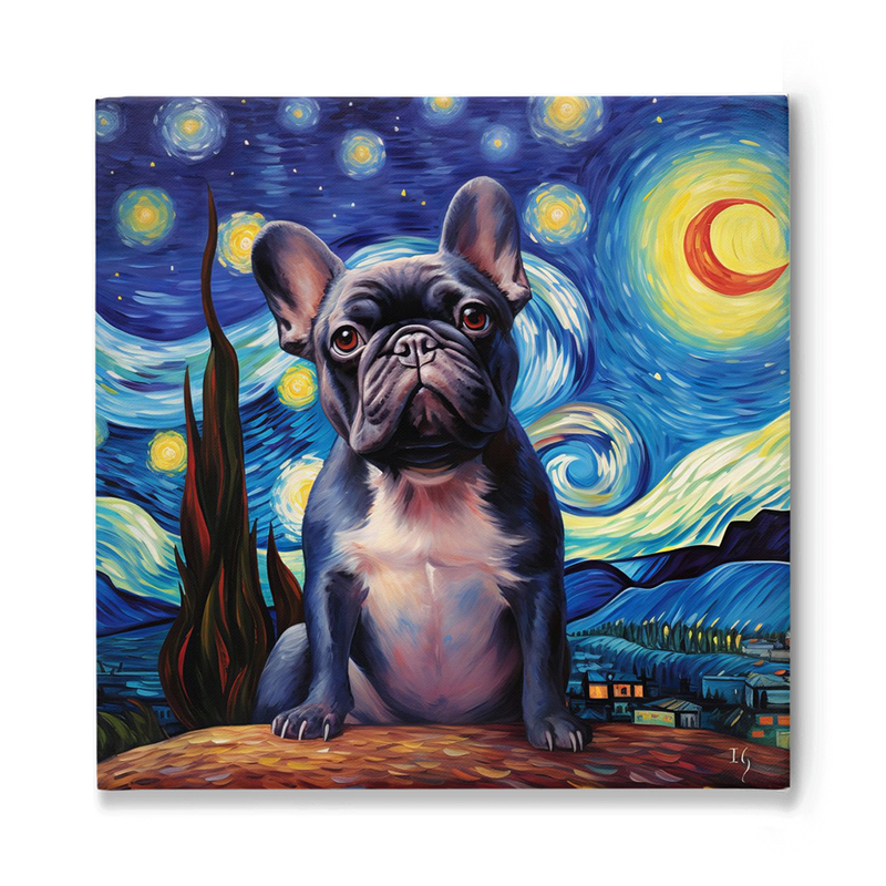 A mesmerizing depiction of a French Bulldog, sitting regally against a backdrop inspired by Van Gogh's 'Starry Night.' The vivid swirls of blue and yellow in the sky contrast beautifully with the dog's deep gray-blue coat, all set atop a quaint village scene.