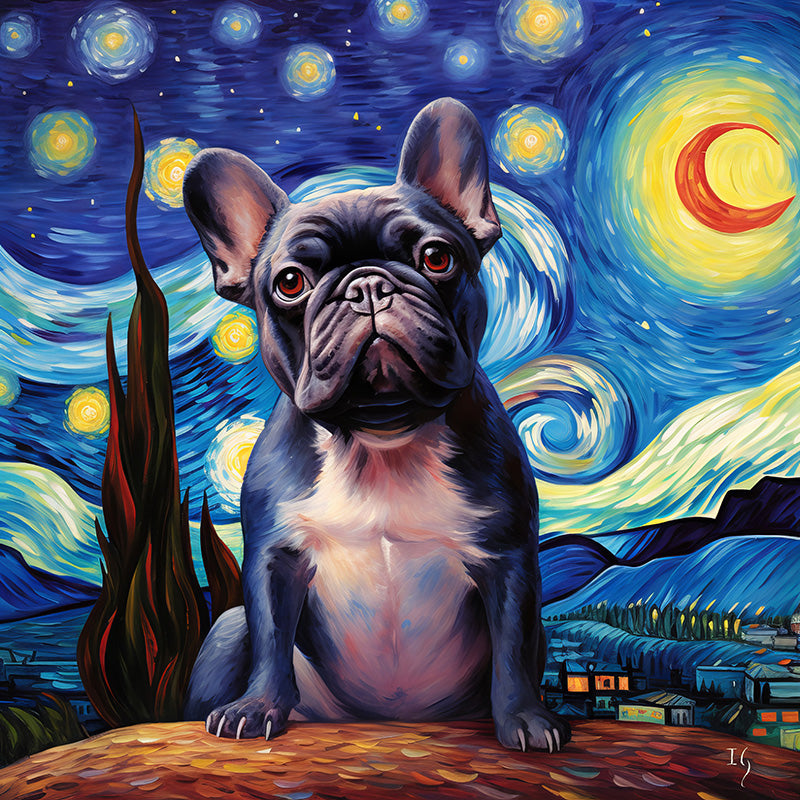 With the captivating swirls of a starry night sky behind, a poised French Bulldog sit atop a textured ledge, overlooking a serene village. The deep blue and golden hues of the scene accentuate the dog's soulful eyes and glossy coat.