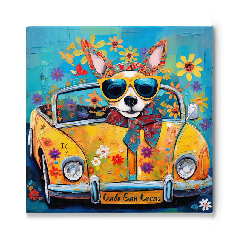 A playful Chihuahua with oversized sunglasses sits confidently behind the wheel of a sun-kissed yellow car adorned with vibrant flowers. The pup sports a patterned scarf, and its ears are playfully decorated with more flowers and fluttering butterflies. The words 'Cabo San Lucas' are proudly displayed on the car's license plate, set against a backdrop of azure bricks and whimsical floral patterns.