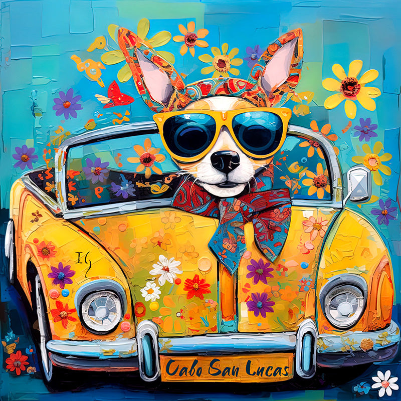 On a joyride to 'Cabo San Lucas', a stylish Chihuahua exudes charm, donning oversized sunglasses and a lively scarf. The car, a vibrant shade of yellow, is bedecked with cheerful flowers, mirroring the festive blossoms and butterflies that accentuate the pup's ears, all set against a dreamy blue backdrop.