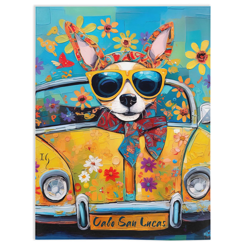 Charming Chihuahua in funky sunglasses, capturing the seaside bliss of Los Cabos