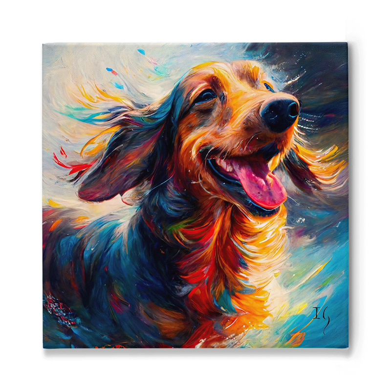 Vibrant portrait of a joyful dachshund, its fur painted in a riot of colors, glistening in the wind as splashes of paint swirl around, capturing a moment of pure bliss and energy.