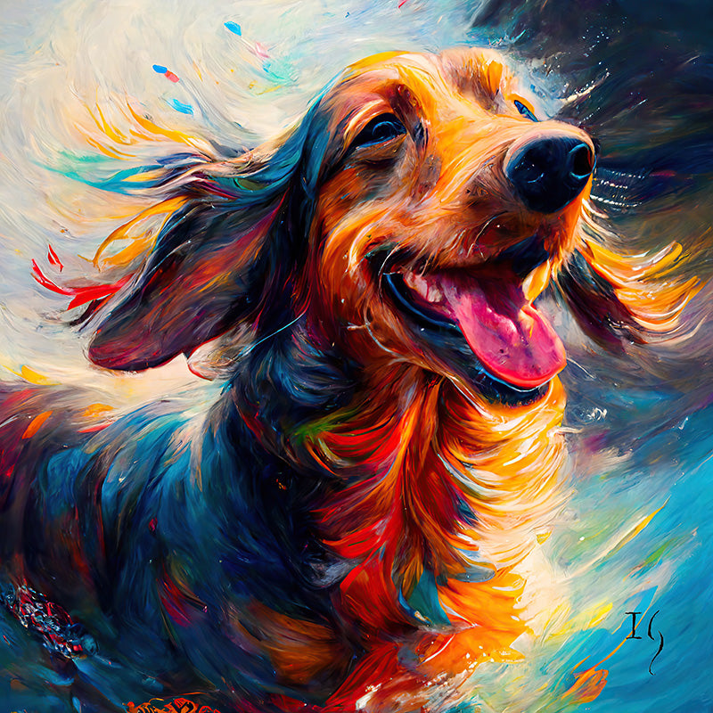 Colorful artwork of a beaming dachshund, its mane and fur brushed with a spectrum of hues, set against a whirlwind of paint, evoking feelings of happiness and vivacity.