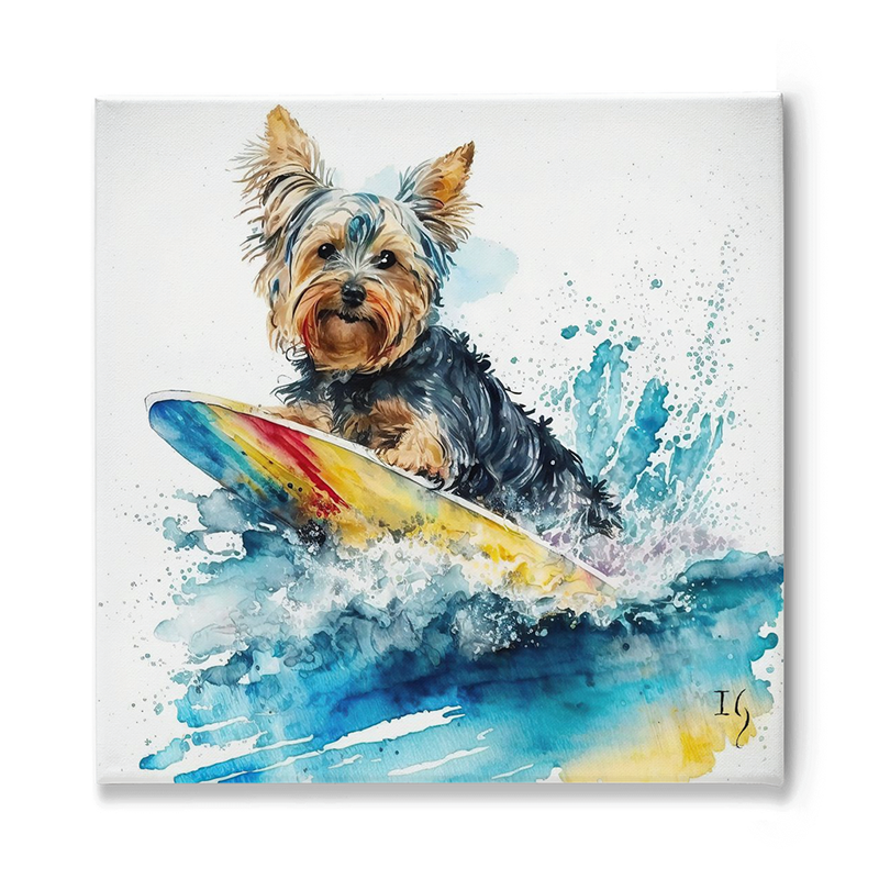 Watercolor painting of a terrier surfing on a colorful surfboard