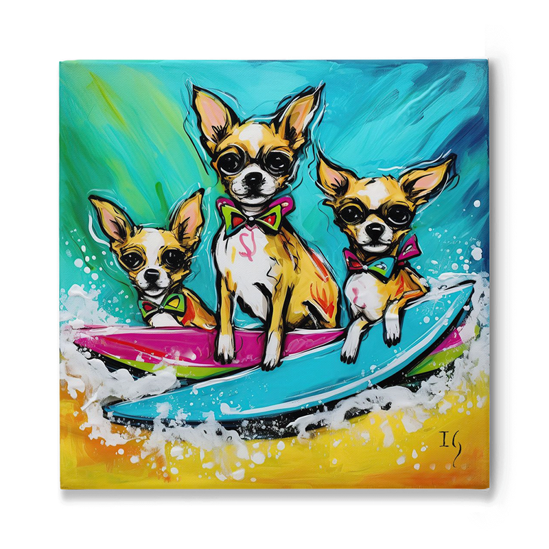 Playful chihuahuas on a surfboard painting – a splash of vibrant colors capturing joy and summer vibes for any room.