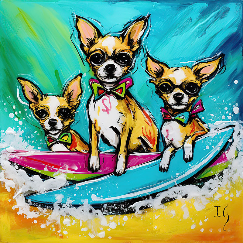Contemporary wall art of chihuahuas in bow ties, enjoying a beach day – a blend of whimsy and elegance for art lovers.