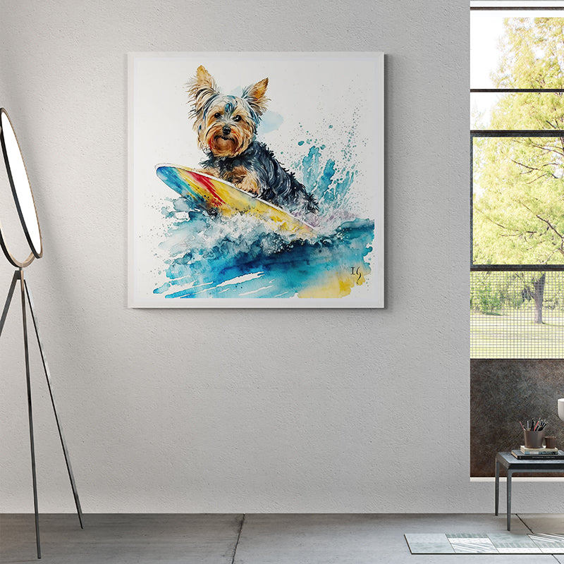 Framed watercolor painting of a terrier surfing on a colorful surfboard in modern decor