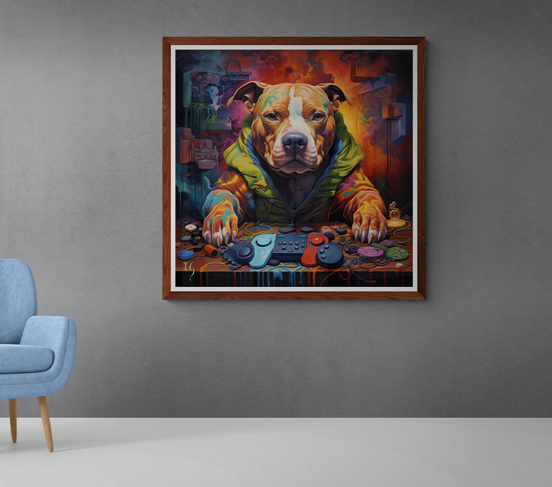 Techno-artistic pitbull dog with gaming gear in dynamic painting.