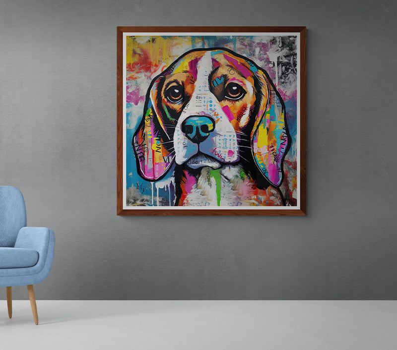 Expressive beagle art with a mix of vivid hues and textures – a heartwarming piece for any living space.