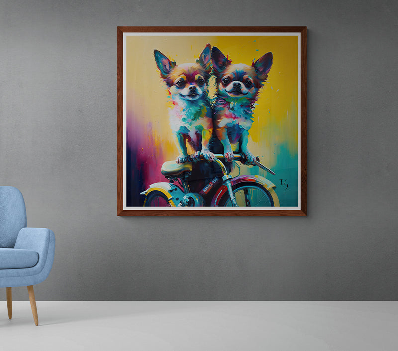 Playful depiction of a pair of vibrant Chihuahuas sitting atop a vintage bicycle, their radiant coats contrasted with a warm yellow backdrop, emanating a sense of adventure.