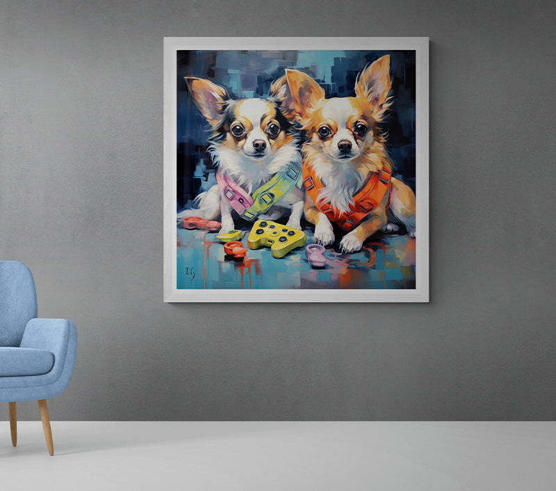 Two spirited Chihuahuas, clad in modern harnesses, positioned amidst a setting of gaming paraphernalia and dripping paint, evoking a blend of city life and playful energy.