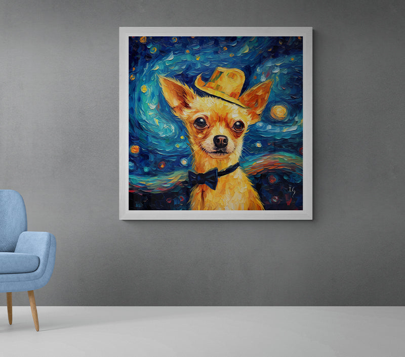 Framed chihuahua portrait with a starry night theme