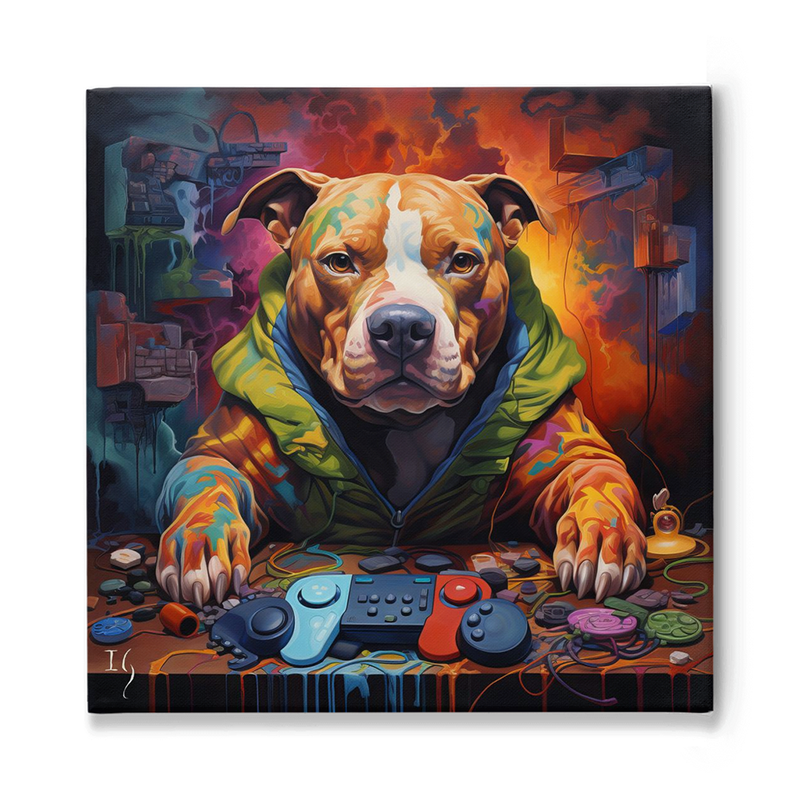 Colorful pitbull dog with gaming controllers in vibrant art.