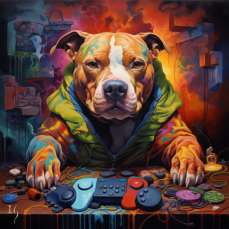 Artistic pitbull dog in a hoodie with tech and gaming elements.