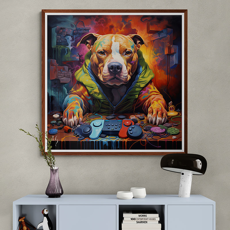 Artistic pitbull dog with video game setup in vibrant painting.