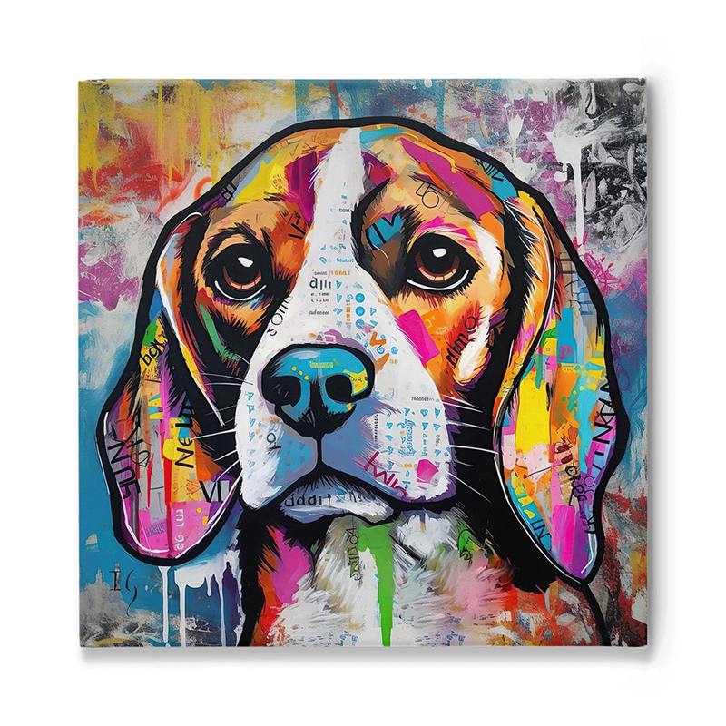 Vibrant colorful contemporary dog portrait evoking warmth and nostalgia – perfect touch of modern art for a cozy home.