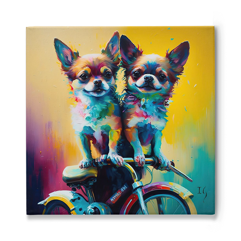 Bright and colorful artwork of two Chihuahuas with multicolored fur perched on a bicycle, their expressive eyes capturing attention, set against a sunlit yellow background.