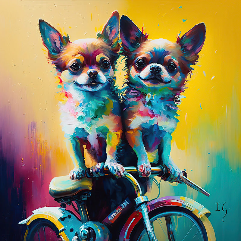 Two whimsical Chihuahuas with rainbow-hued fur posing on a classic bicycle, their curious gazes and the vivid background painting a picture of a cheerful day out.