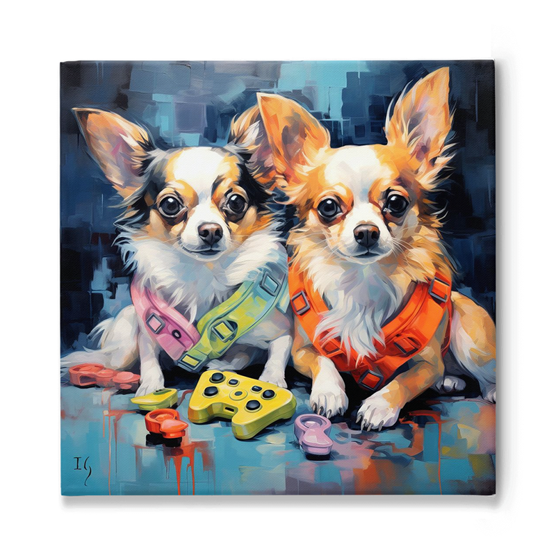 A dynamic portrait of two Chihuahuas dressed in colorful harnesses, with one donning a pink and green combination and the other in bold orange. They're surrounded by playful items including a vibrant joystick and toy rings, set against a contemporary urban backdrop.