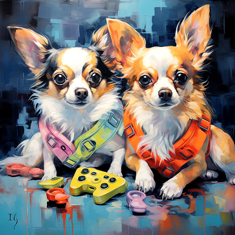 In a scene mixing urban vibes with playtime, two Chihuahuas showcase their city-ready look with bright harnesses, while a bold joystick and other toys lay around them, hinting at a fun game session ahead.