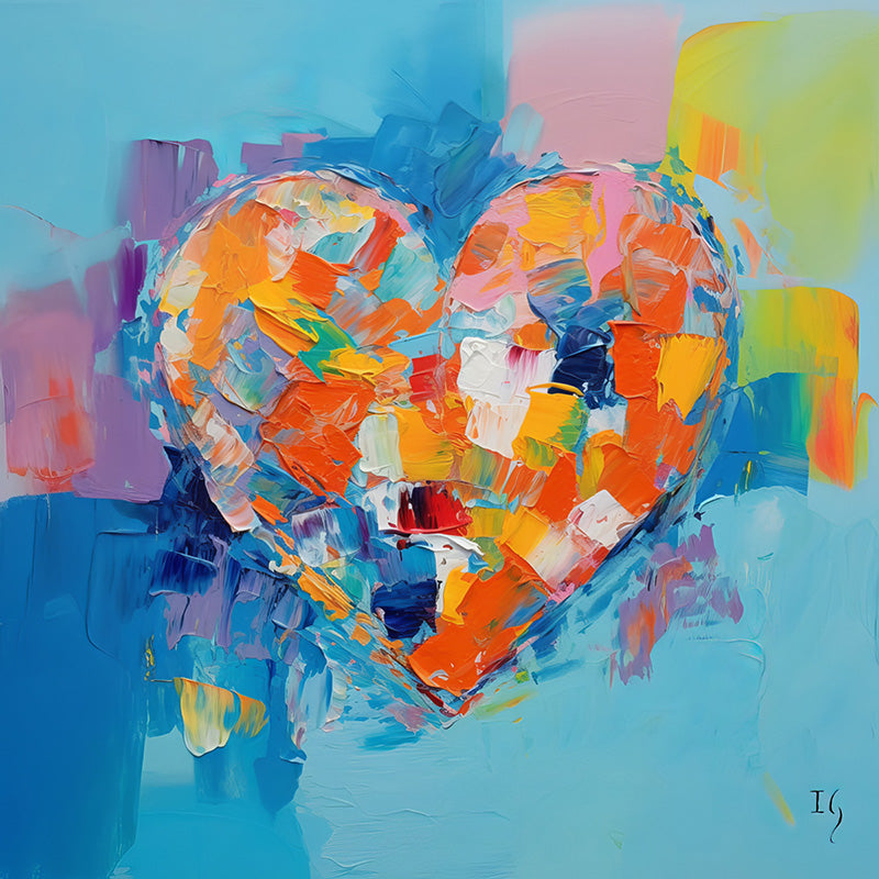 Abstract heart painting with a blend of bright orange, white, and blue tones, symbolizing vibrant love, suitable for contemporary wall decor.