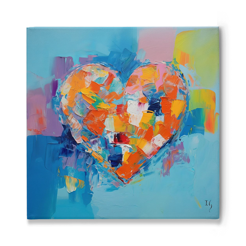 Impressionistic heart canvas painting with vivid orange and blue hues, expressing passionate love, perfect as a statement art piece