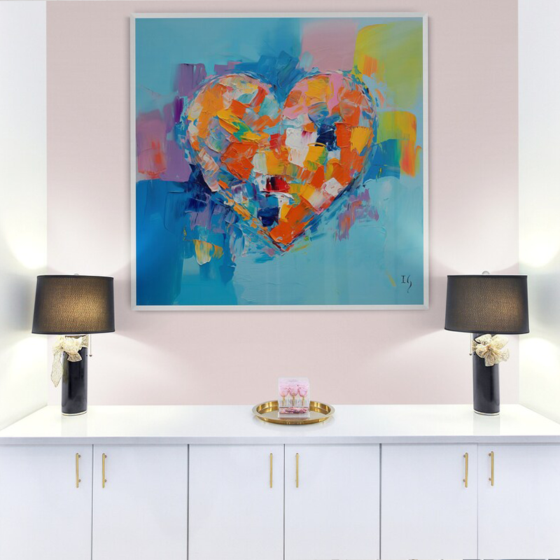 Abstract heart artwork in elegant interior with modern lamps, infusing style and romance into sophisticated home decor.