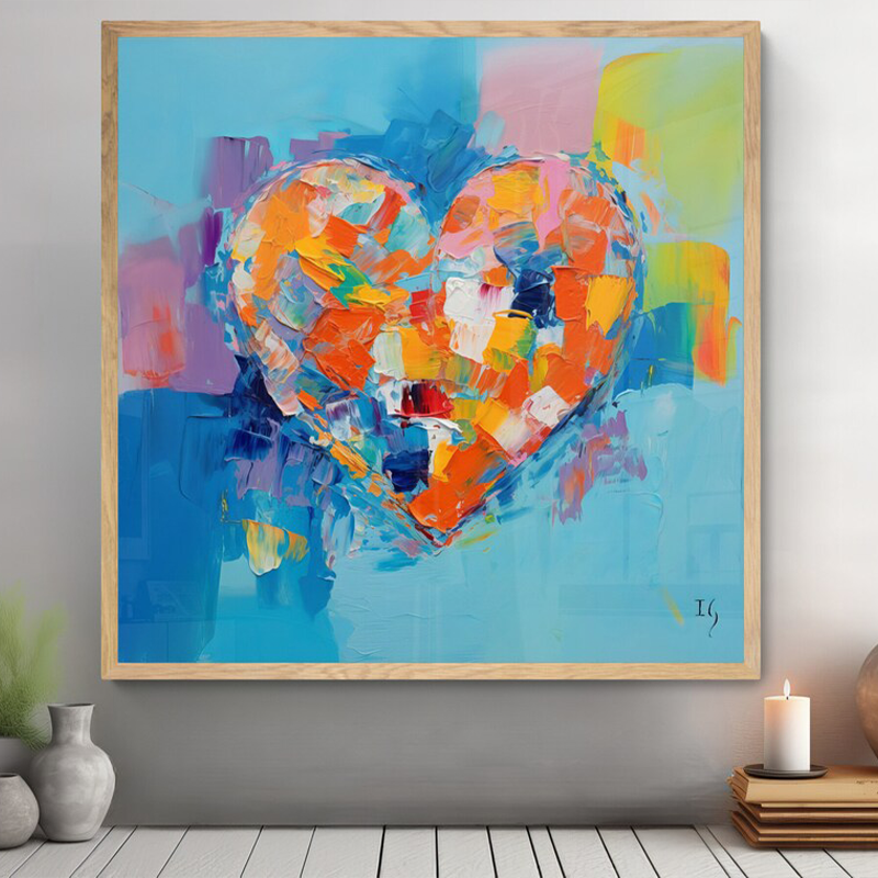 Contemporary heart painting above white cabinet, merging art with home elegance, perfect for a modern romantic setting.