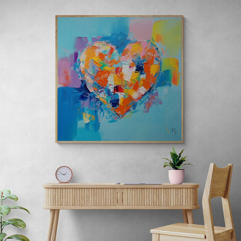 Artistic abstract heart painting in a refined home setting, complementing an elegant aesthetic with a splash of color.