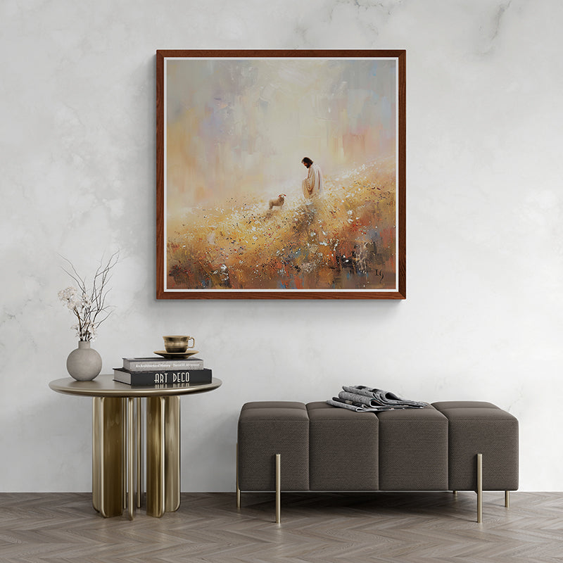 Jesus standing in a golden field with a lamb, beautifully displayed in a stylish interior.