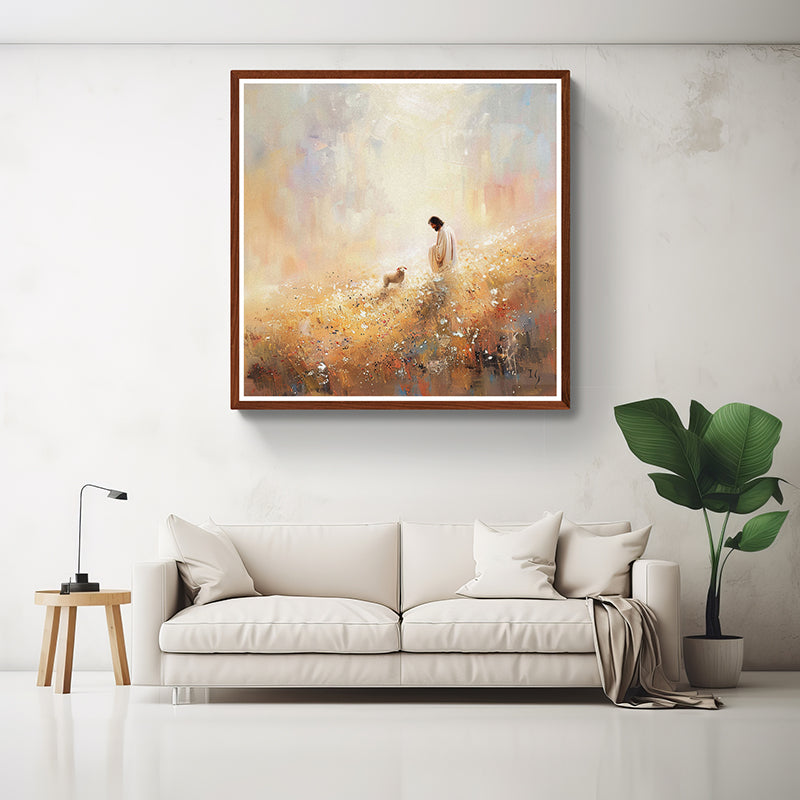 Peaceful artwork of Jesus and a lamb, perfect for spiritual home decor.