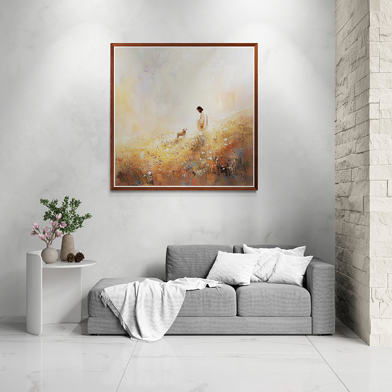 Modern depiction of Jesus with a lamb in a vibrant field, framed and hung in a serene setting.