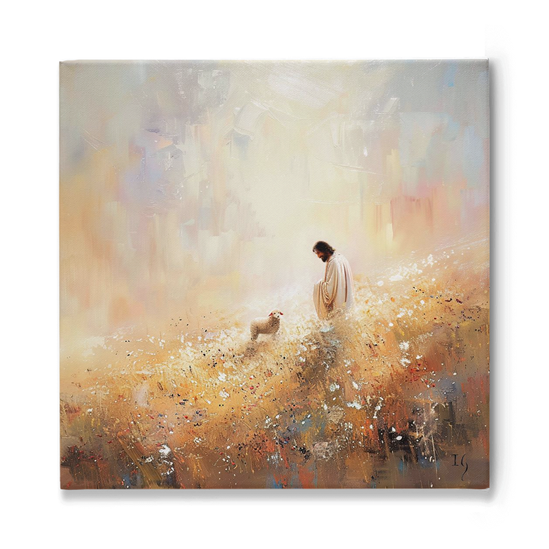 Painting of Jesus with a lamb in a serene field, symbolizing pastoral care.