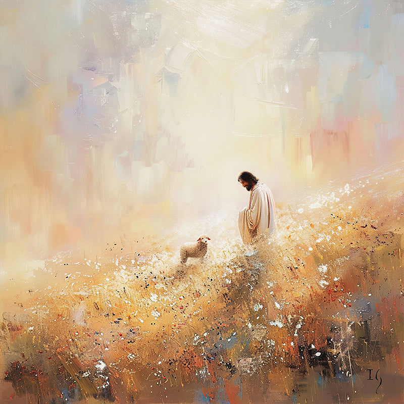 Jesus standing in a golden field with a lamb, a beautiful piece of Christian art.