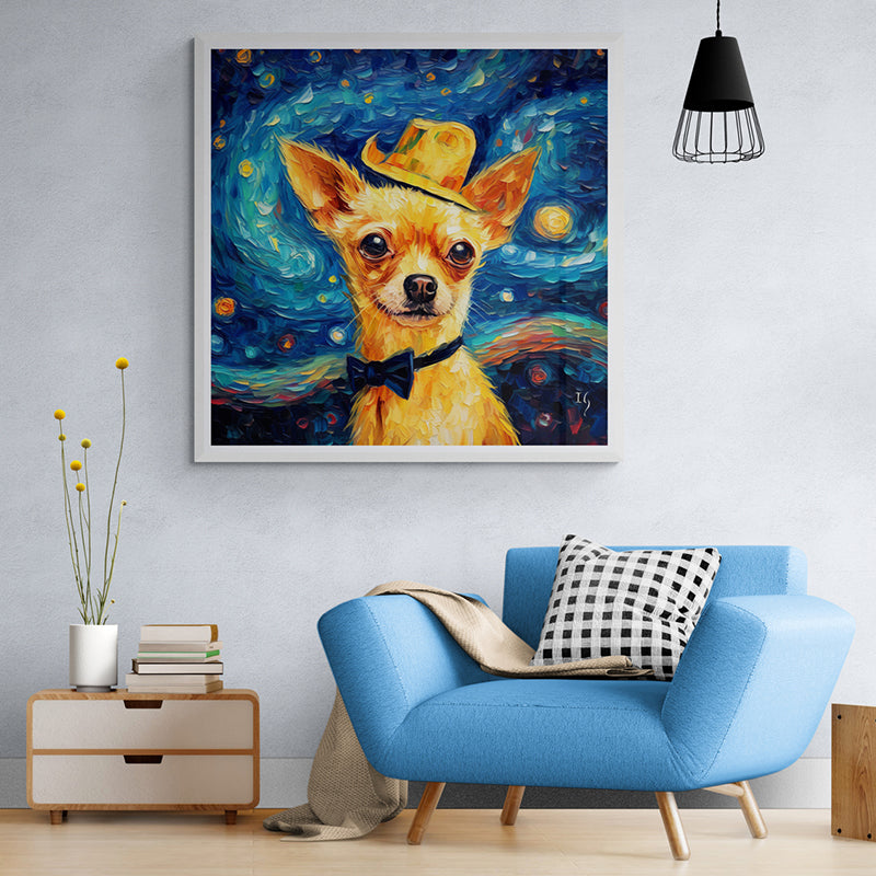 Modern room with a starry night themed dog artwork
