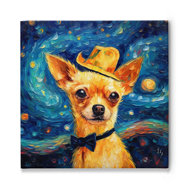 Chihuahua with a hat and bow tie against a starry night backdrop