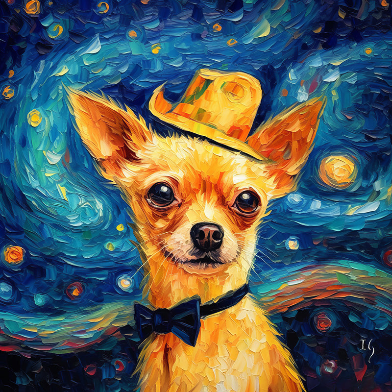 Chihuahua in a starry night-inspired painting