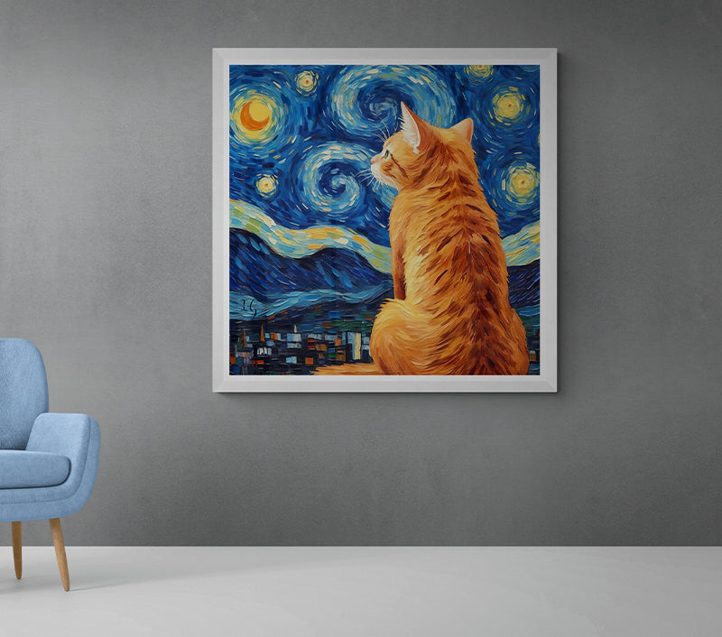 Pet cat looking at a night sky filled with stars.