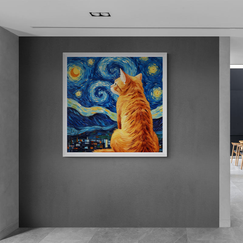Ginger cat looking at a swirling star-filled night sky.