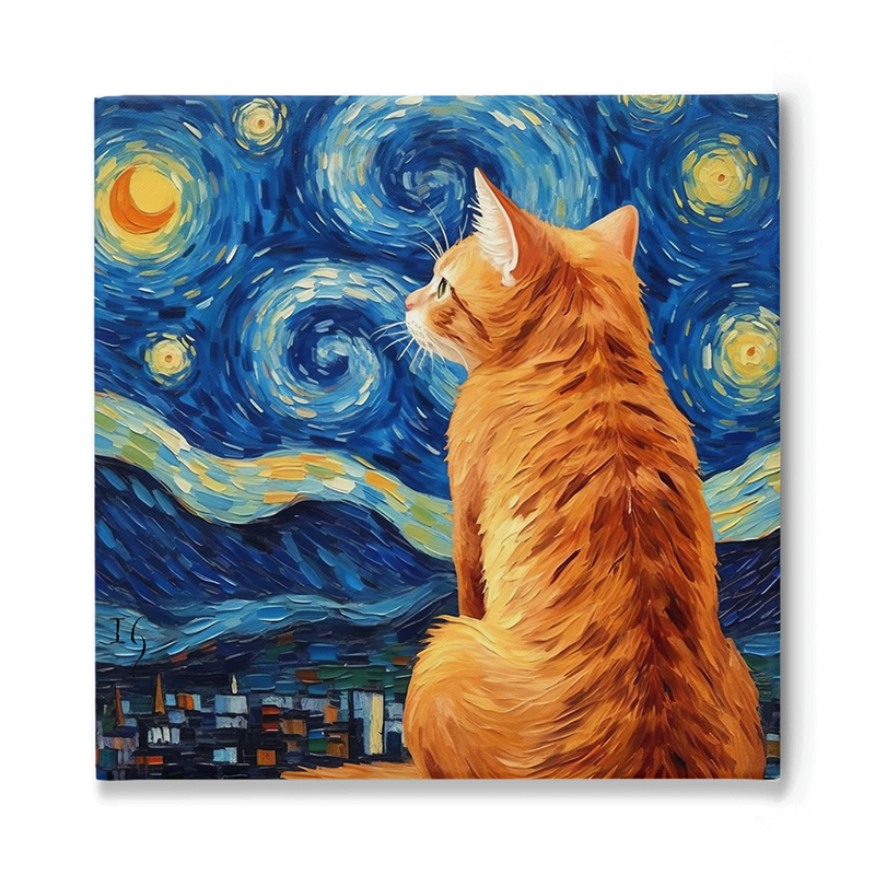 Ginger cat gazing at a starry night sky painting.