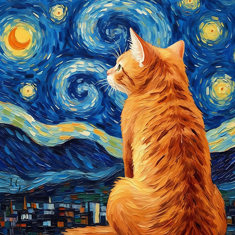 Feline gazing at Van Gogh-inspired stars.