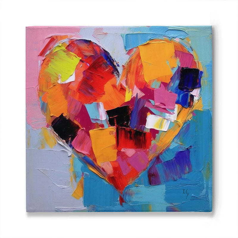 Abstract heart painting with bold patches of color on a blue background, symbolizing the patchwork of emotions in love.