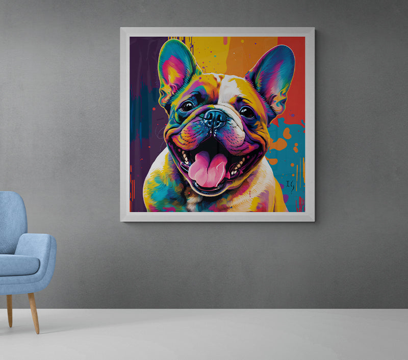 An electric and lively artwork capturing a French Bulldog with a spirited expression. The dog's multicolored face, dappled with hues of blue, orange, pink, and green, contrasts with the energetic, abstract background.